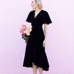 Velvet Wrap Short Sleeve Dress - Black